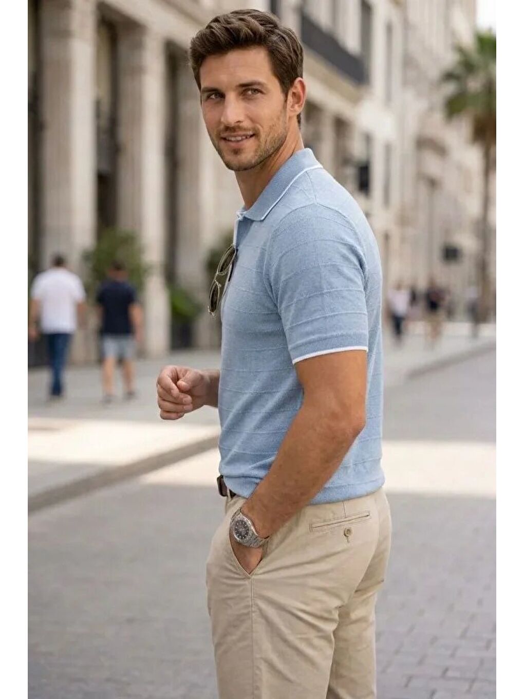 Mavi Erkek Triko Kumaş Yakalı Düğmesiz Açık Yaka Fitilli Kısa Kollu Regular Fit Tişört-2