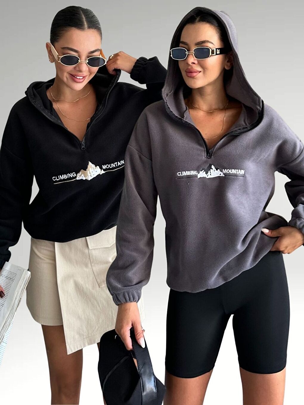 Kadın Siyah ve Füme Climbing Baskılı Oversize Yarım Fermuarlı Kapüşonlu Polar Sweatshirt 2Li