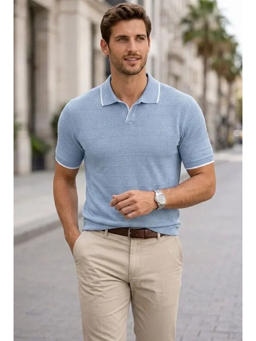 Mavi Erkek Triko Kumaş Yakalı Düğmesiz Açık Yaka Fitilli Kısa Kollu Regular Fit Tişört-3