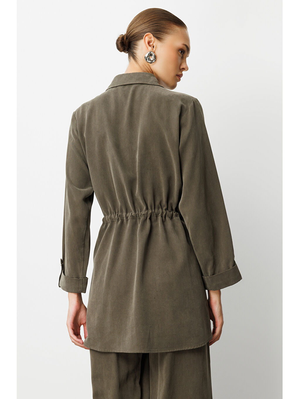 Beli Büzgülü Haki Cupro Tunik-3