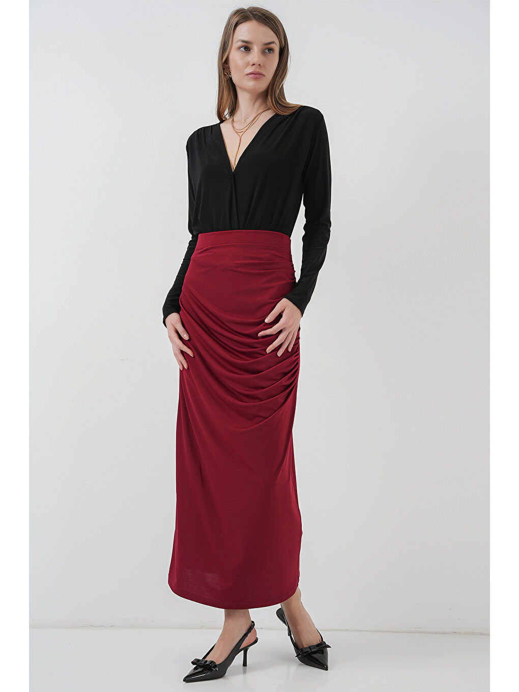 8035 Büzgülü Midi Etek - Bordo