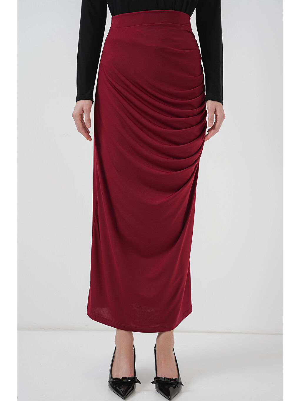 8035 Büzgülü Midi Etek - Bordo-1