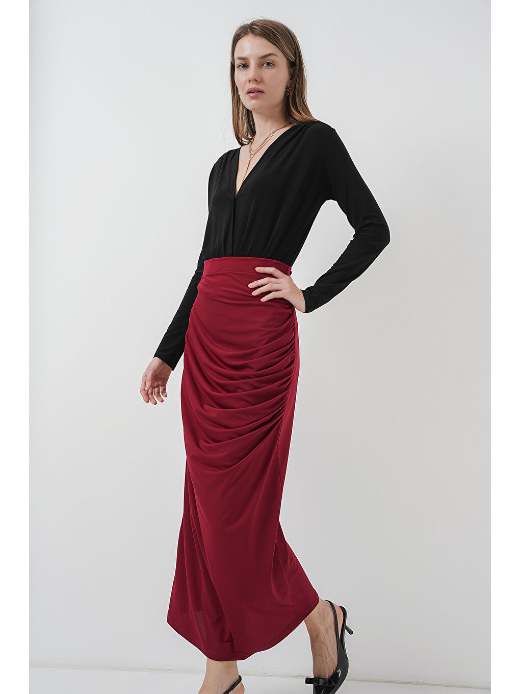 8035 Büzgülü Midi Etek - Bordo-2