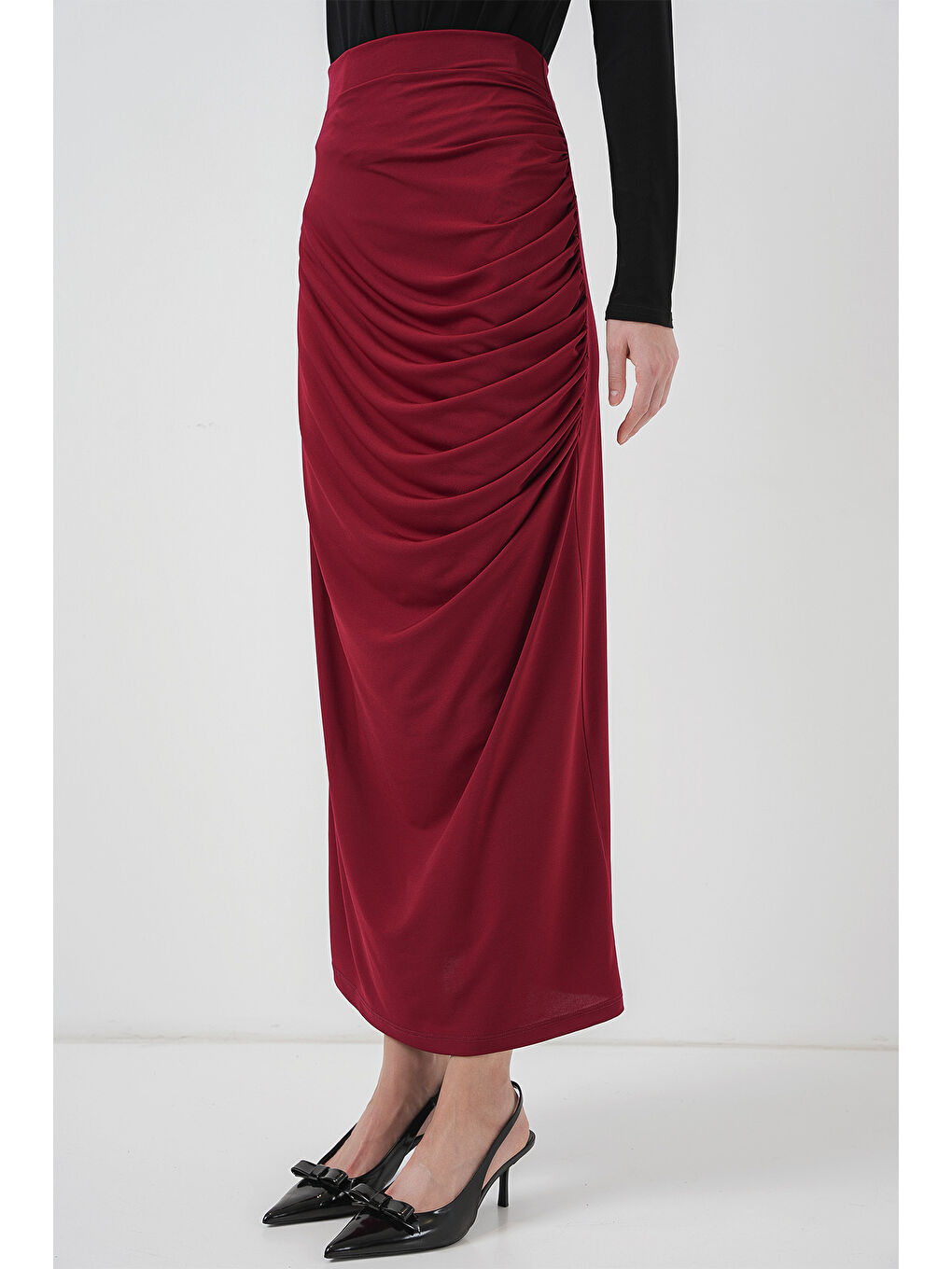 8035 Büzgülü Midi Etek - Bordo-3