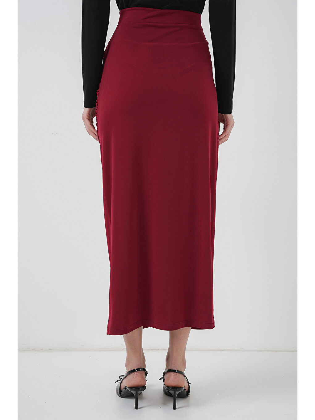 8035 Büzgülü Midi Etek - Bordo-5