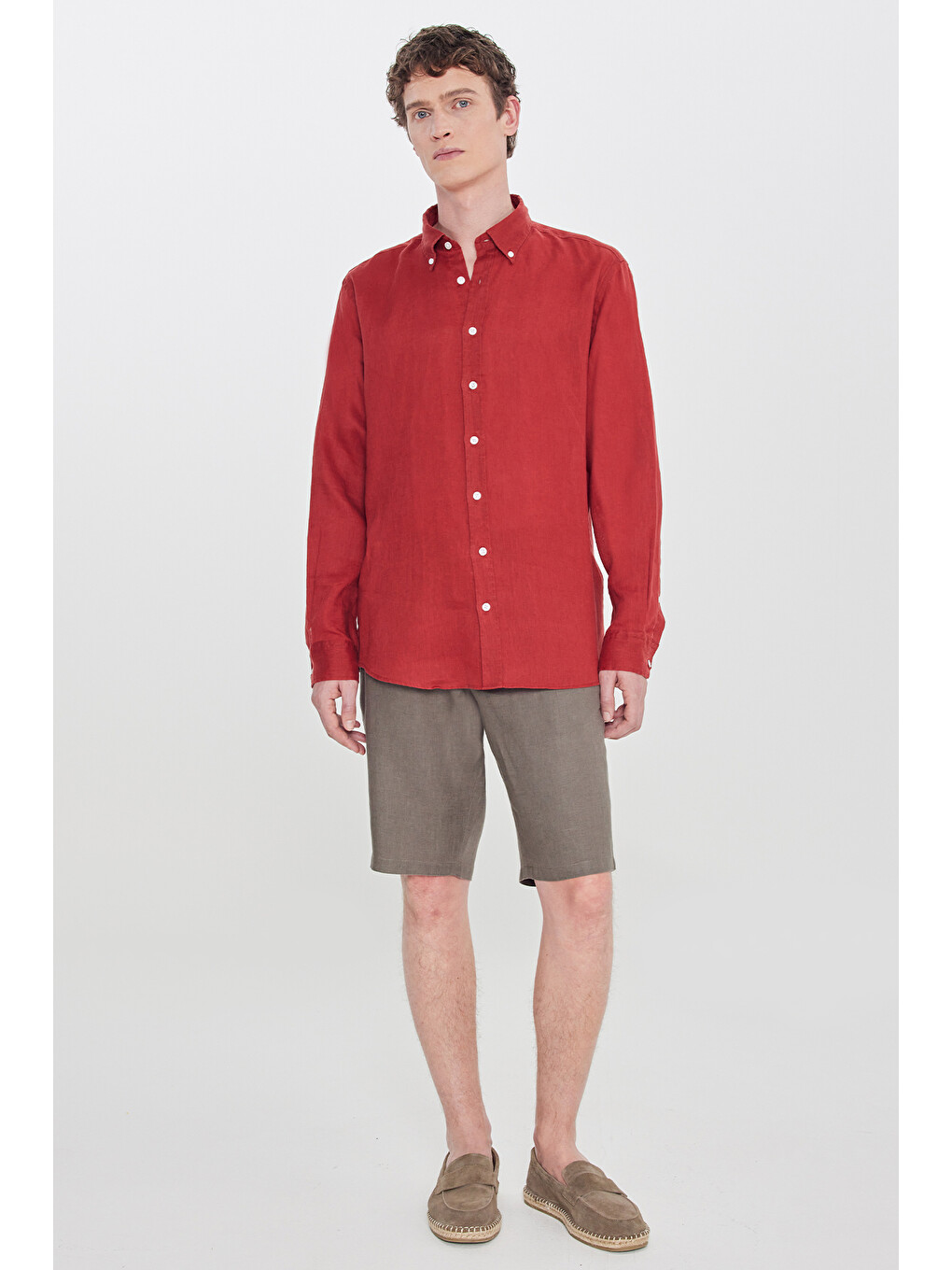 Erkek Bordo %100 Keten Comfort Fit Rahat Kesim Düğmeli Yaka Gömlek-1