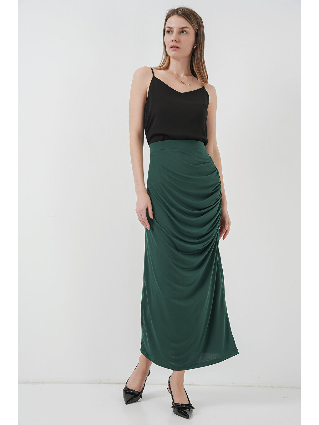 8035 Büzgülü Midi Etek - Zümrüt Yeşili
