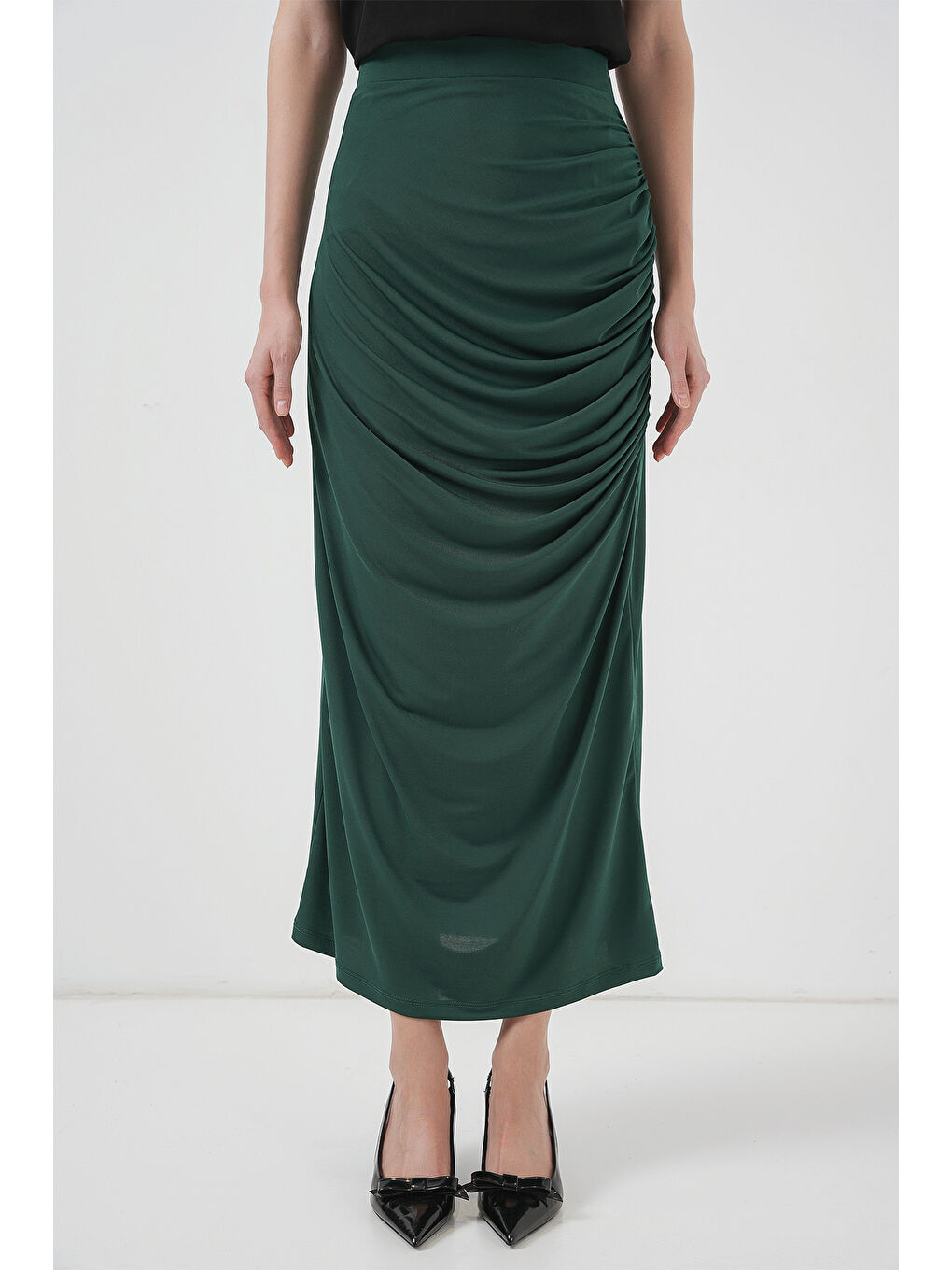 8035 Büzgülü Midi Etek - Zümrüt Yeşili-1