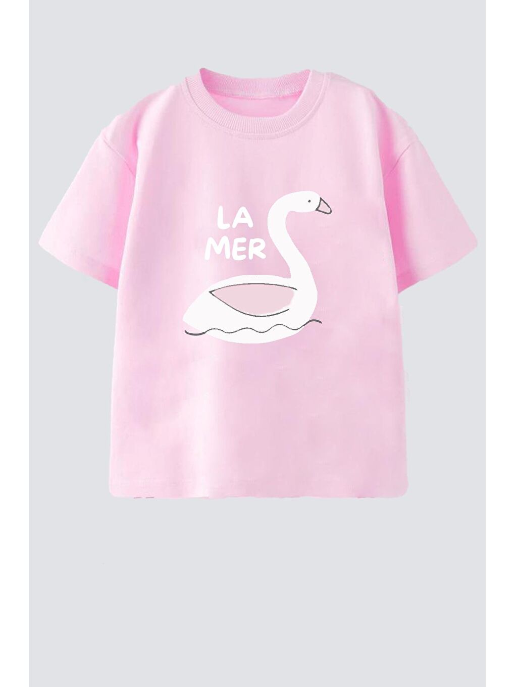 Pembe Kız Çocuk Pamuklu Bisiklet Yaka Baskılı T-Shirt