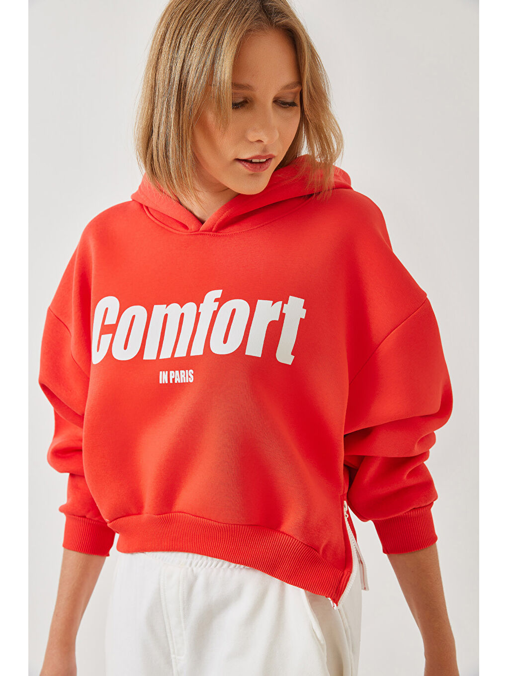 SHADE Kırmızı Kadın Üç İplik Şardonlu Yanları Fermuarlı Crop Sweatshirt