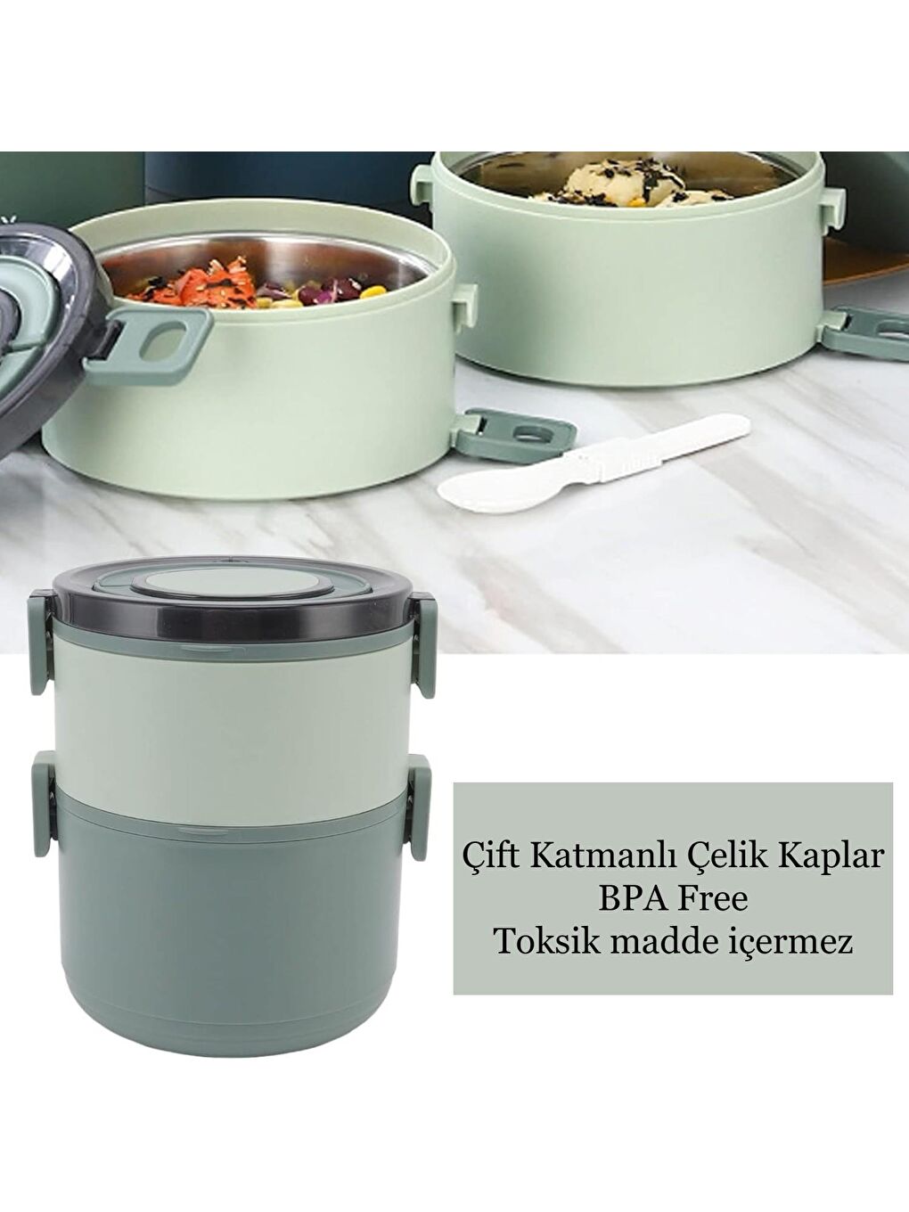 Çift Katlı Taşıma Kulplu Paslanmaz Çelik Yuvarlak Beslenme Kabı 1600 ml (T0135) Haki-1