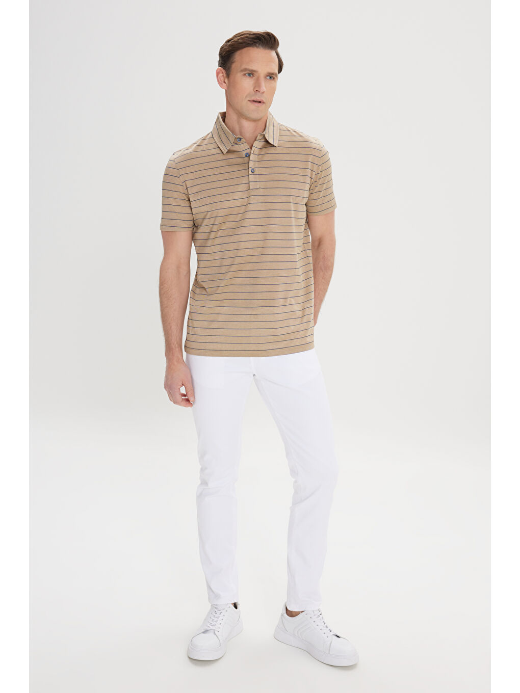 Bej Erkek Vizon-Lacivert Regular Fit Rahat Kesim %100 Pamuk Çizgili Polo Yaka Tişört-1