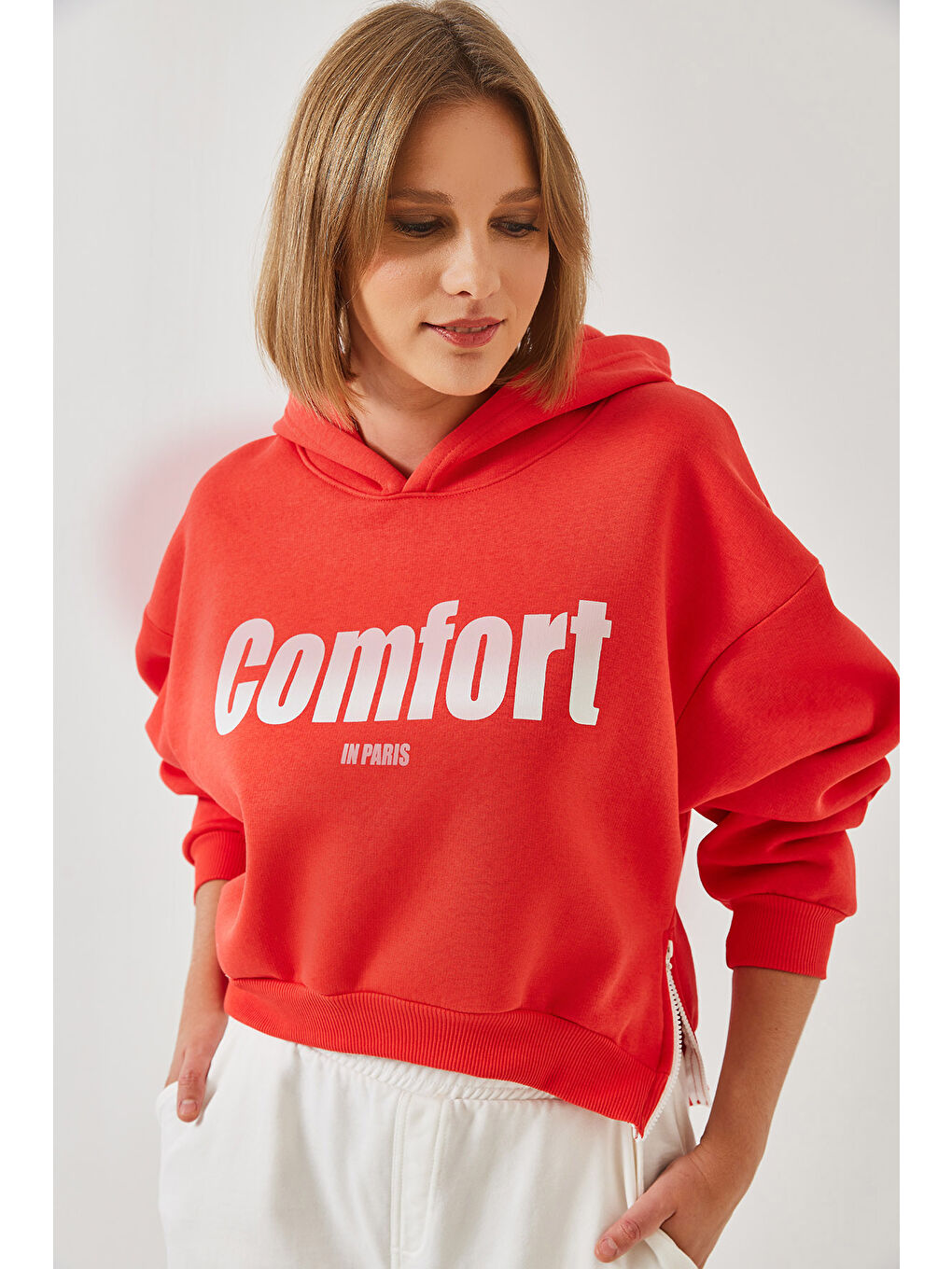 SHADE Kırmızı Kadın Üç İplik Şardonlu Yanları Fermuarlı Crop Sweatshirt - 3