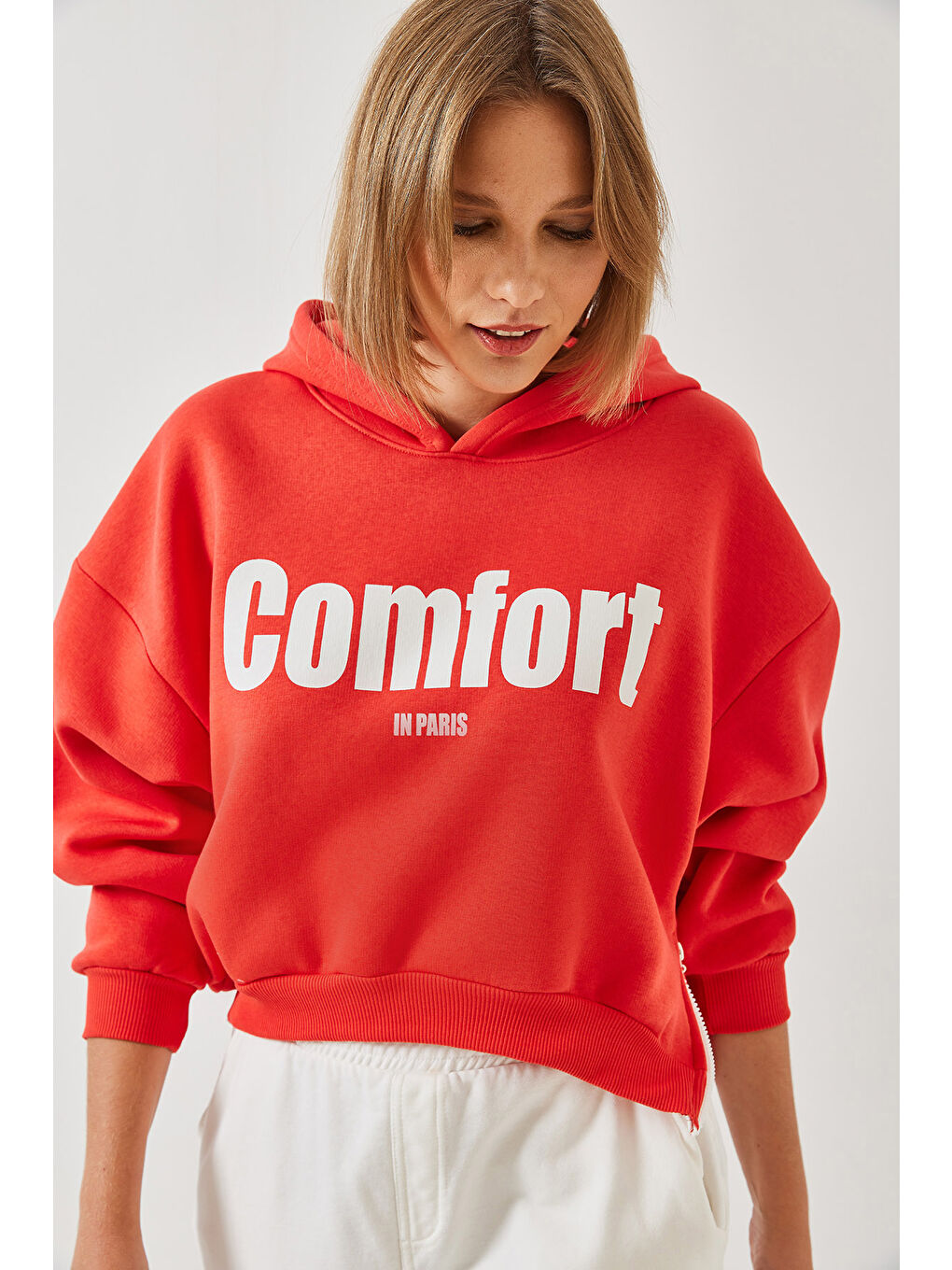 SHADE Kırmızı Kadın Üç İplik Şardonlu Yanları Fermuarlı Crop Sweatshirt - 4