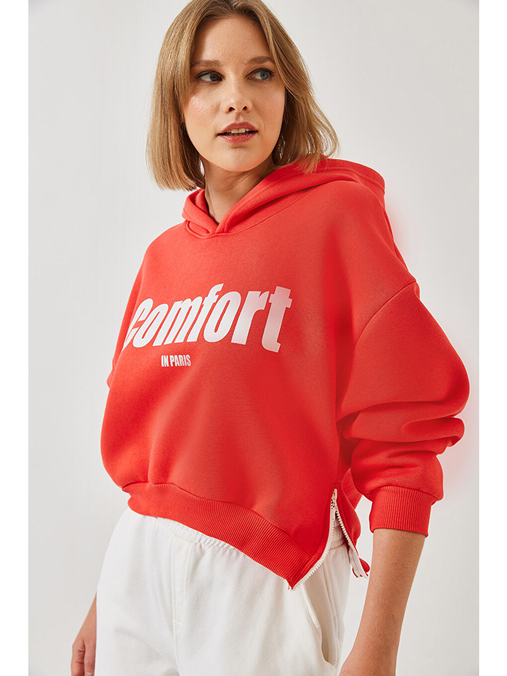 SHADE Kırmızı Kadın Üç İplik Şardonlu Yanları Fermuarlı Crop Sweatshirt - 5