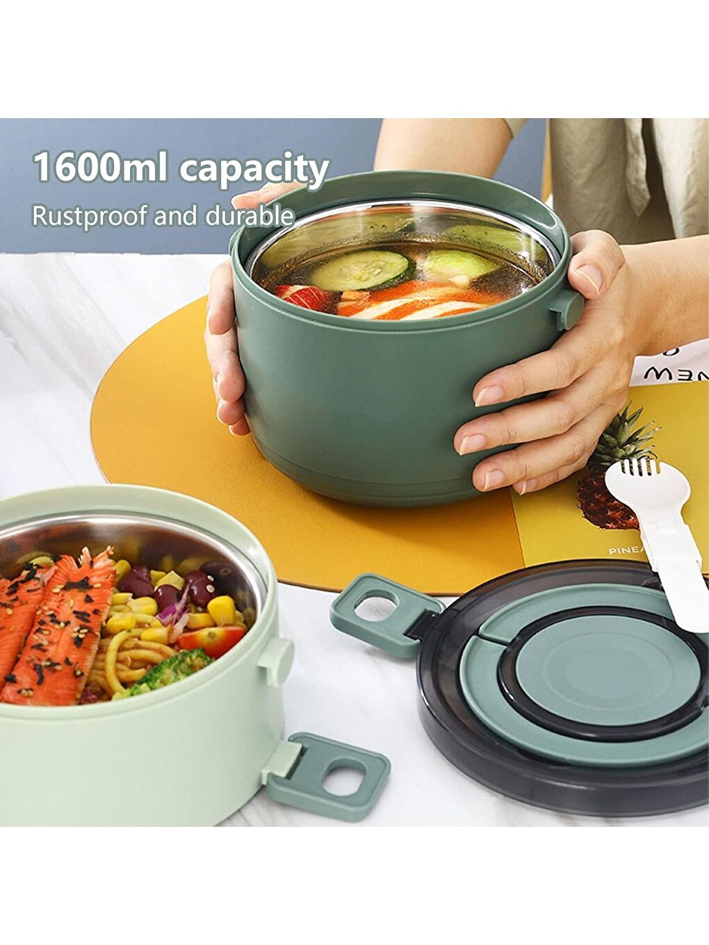 Çift Katlı Taşıma Kulplu Paslanmaz Çelik Yuvarlak Beslenme Kabı 1600 ml (T0135) Haki-2