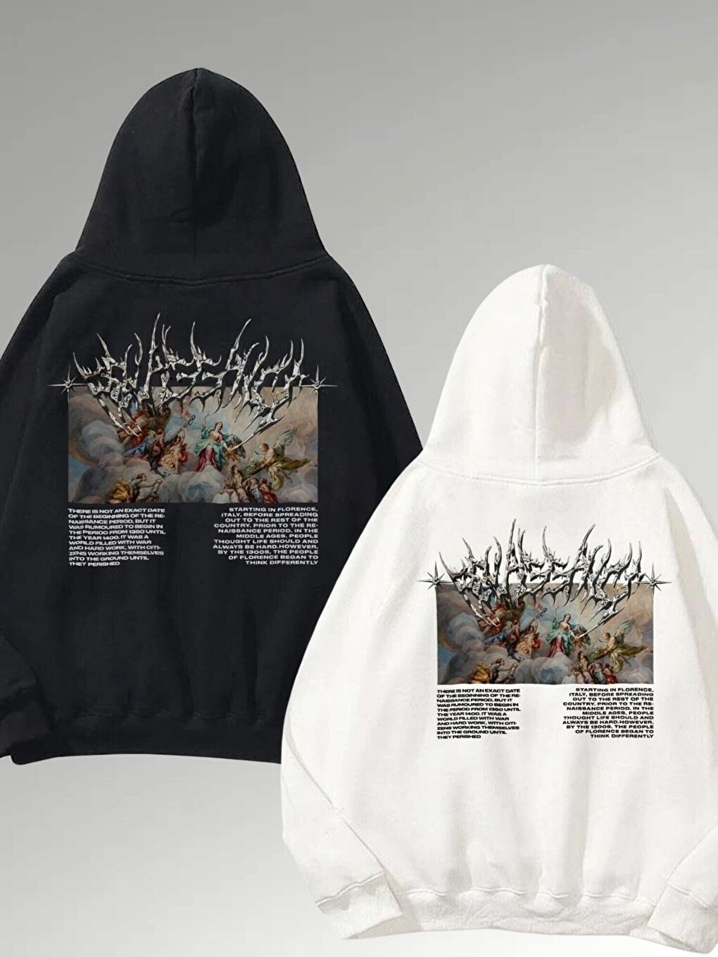 Kadın 3 İplik Siyah Beyaz Angel Baskılı Kapüşonlu Sweatshirt Hoodie 2 Li