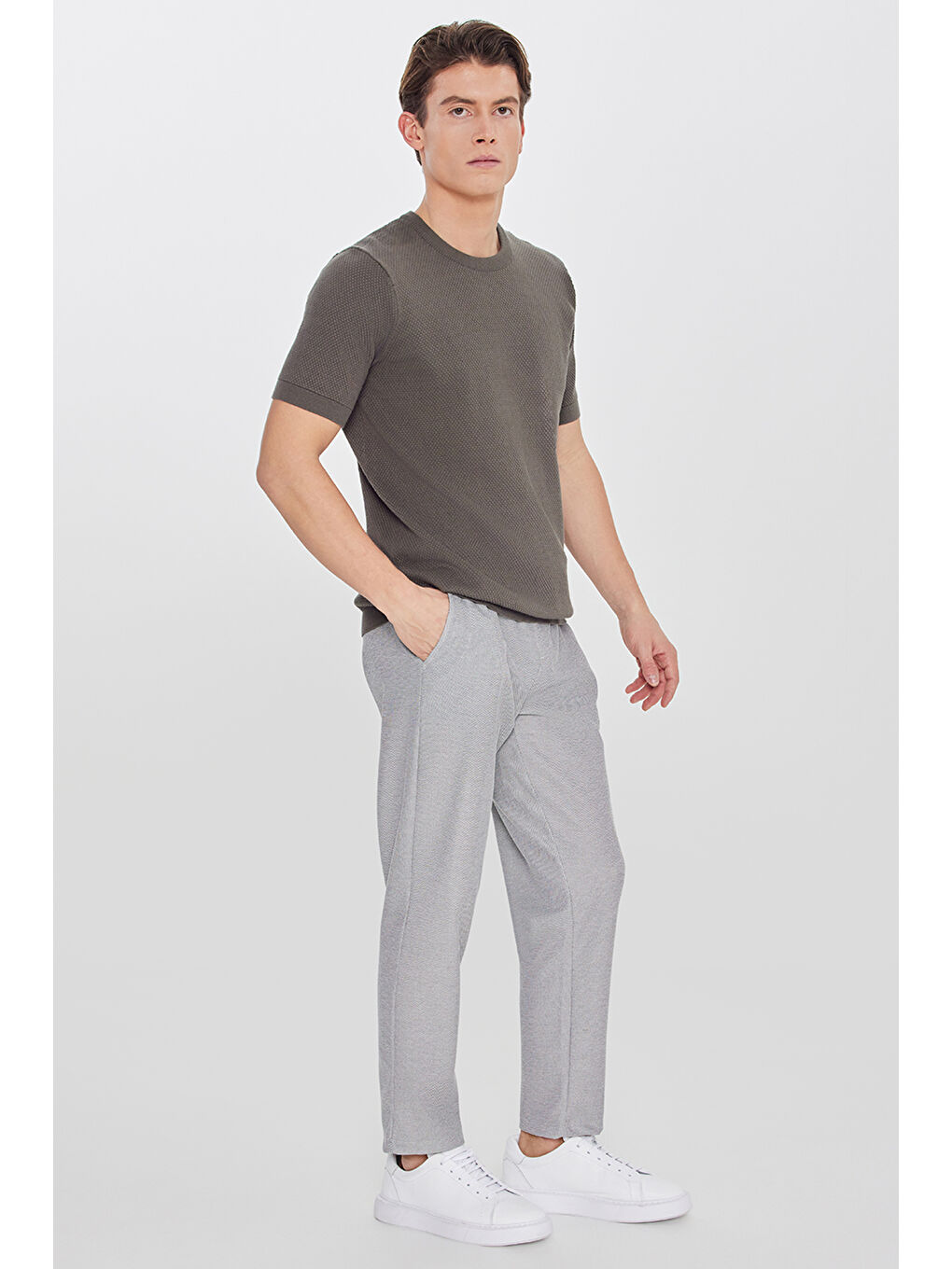 Erkek Haki %100 Pamuk Standart Fit Bisiklet Yaka Triko Tişört-1