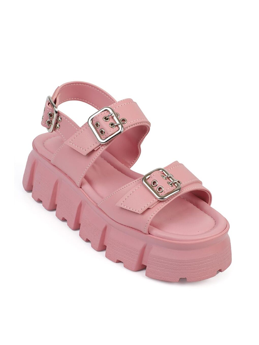 Pembe Dolgu Topuklu Çift Bantlı Tokalı Kadın Sandalet