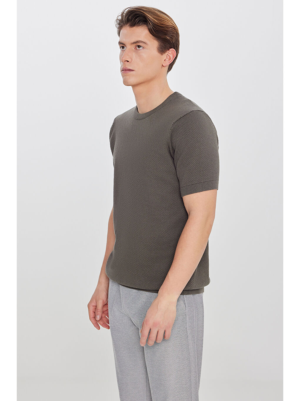 Erkek Haki %100 Pamuk Standart Fit Bisiklet Yaka Triko Tişört-2