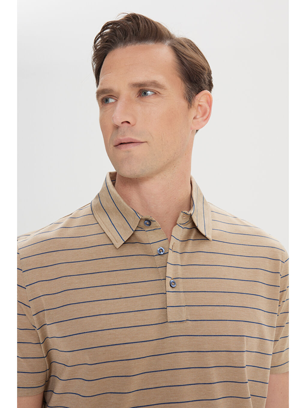 Bej Erkek Vizon-Lacivert Regular Fit Rahat Kesim %100 Pamuk Çizgili Polo Yaka Tişört-3