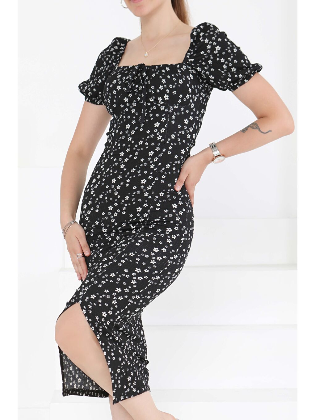 Prenses Kol Yırtmaçlı Elbise Siyah - 27291-2