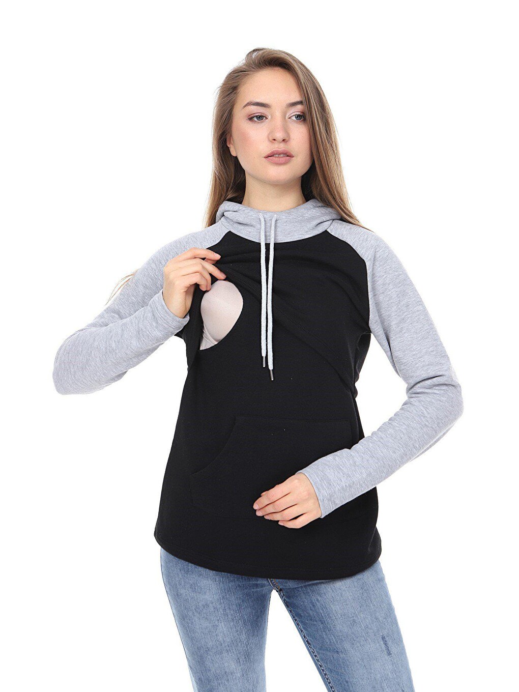 Gri Kapüşonlu Kadın Emzirme Sweatshirt