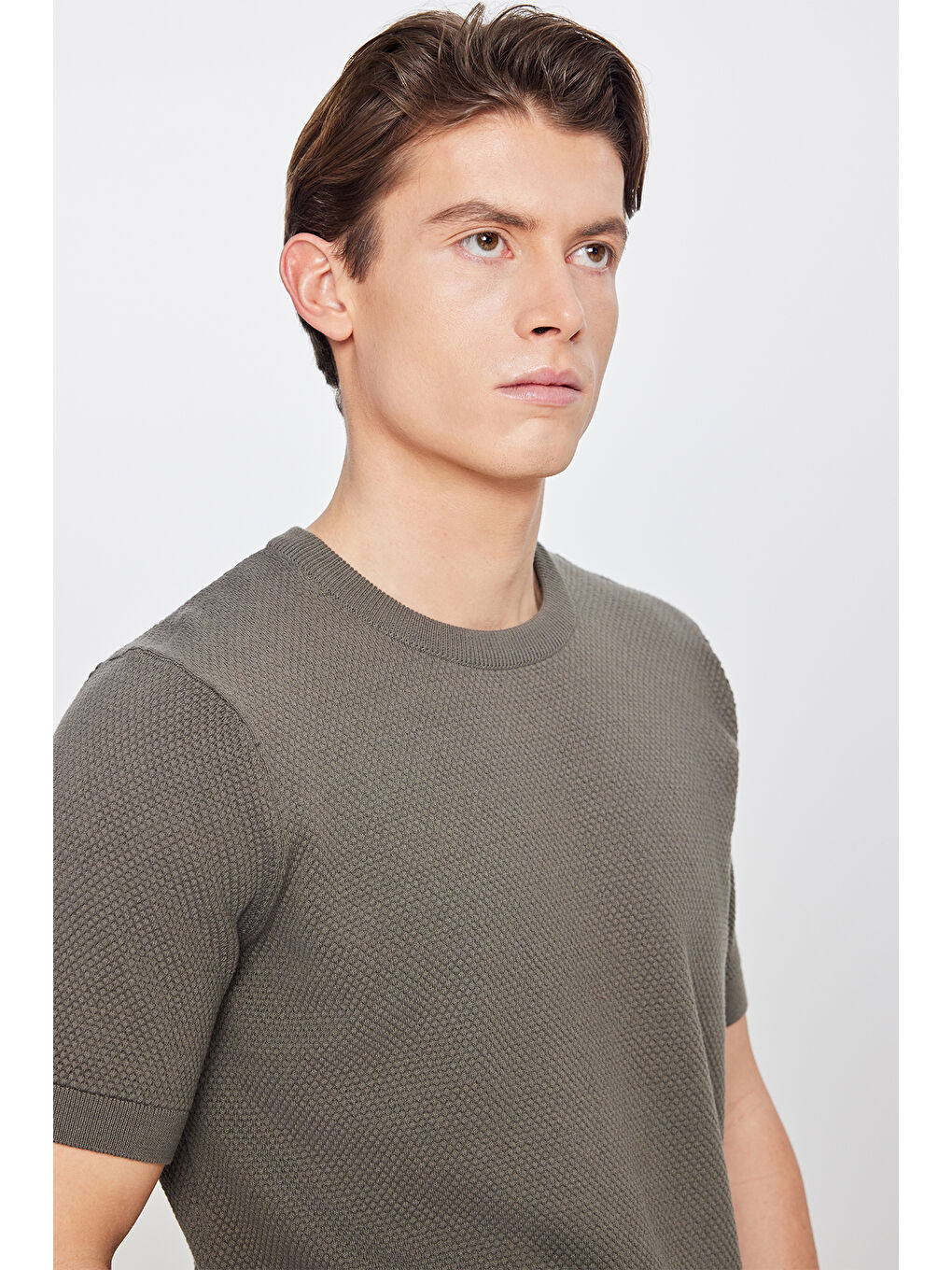 Erkek Haki %100 Pamuk Standart Fit Bisiklet Yaka Triko Tişört-3