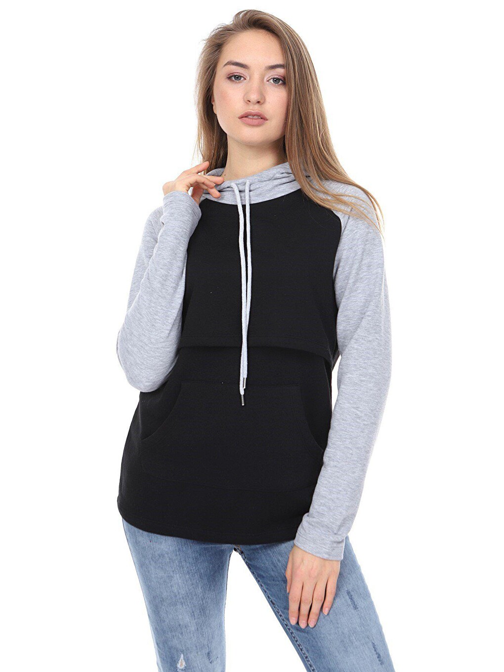 Gri Kapüşonlu Kadın Emzirme Sweatshirt-1