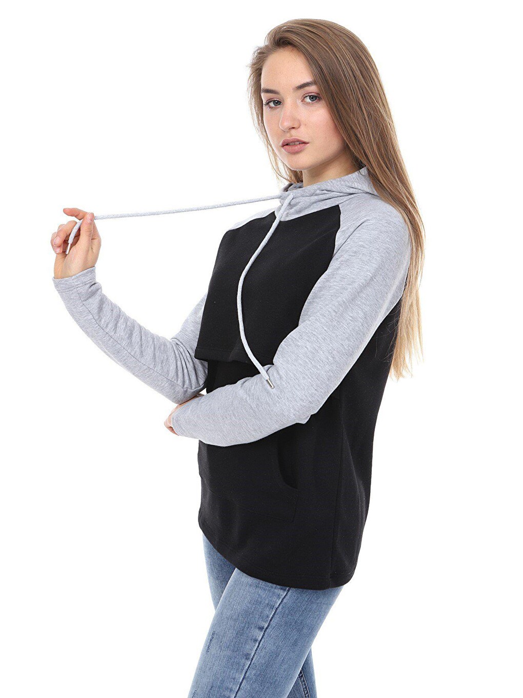 Gri Kapüşonlu Kadın Emzirme Sweatshirt-2