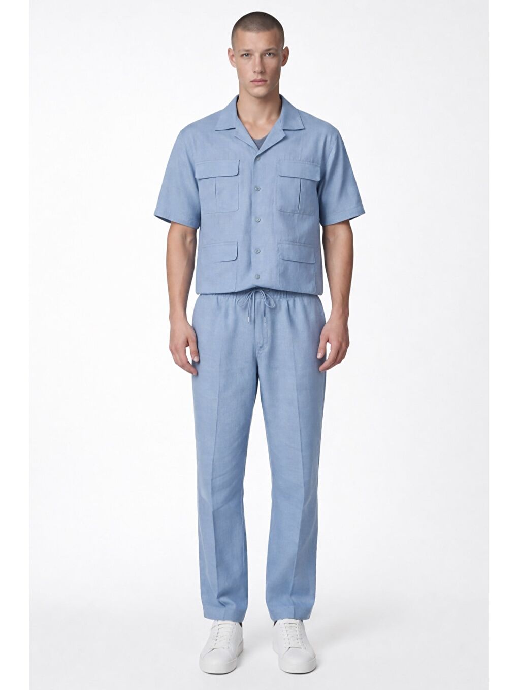 Giotelli Erkek Mavi Normal Kesim Regular Fit %100 Keten Dokuma Kapaklı Cep Lastikli Bel Takım