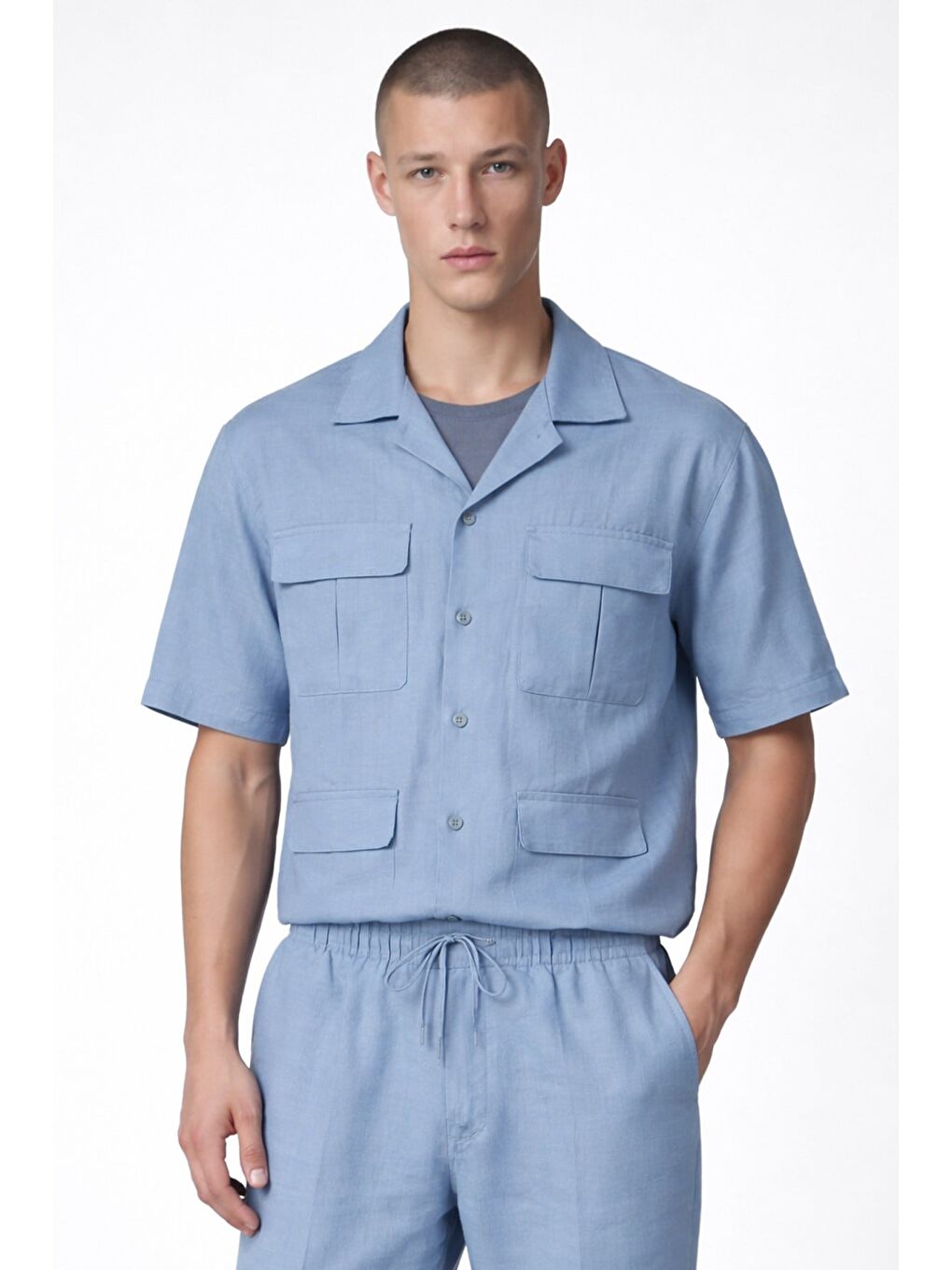 Giotelli Erkek Mavi Normal Kesim Regular Fit %100 Keten Dokuma Kapaklı Cep Lastikli Bel Takım-1