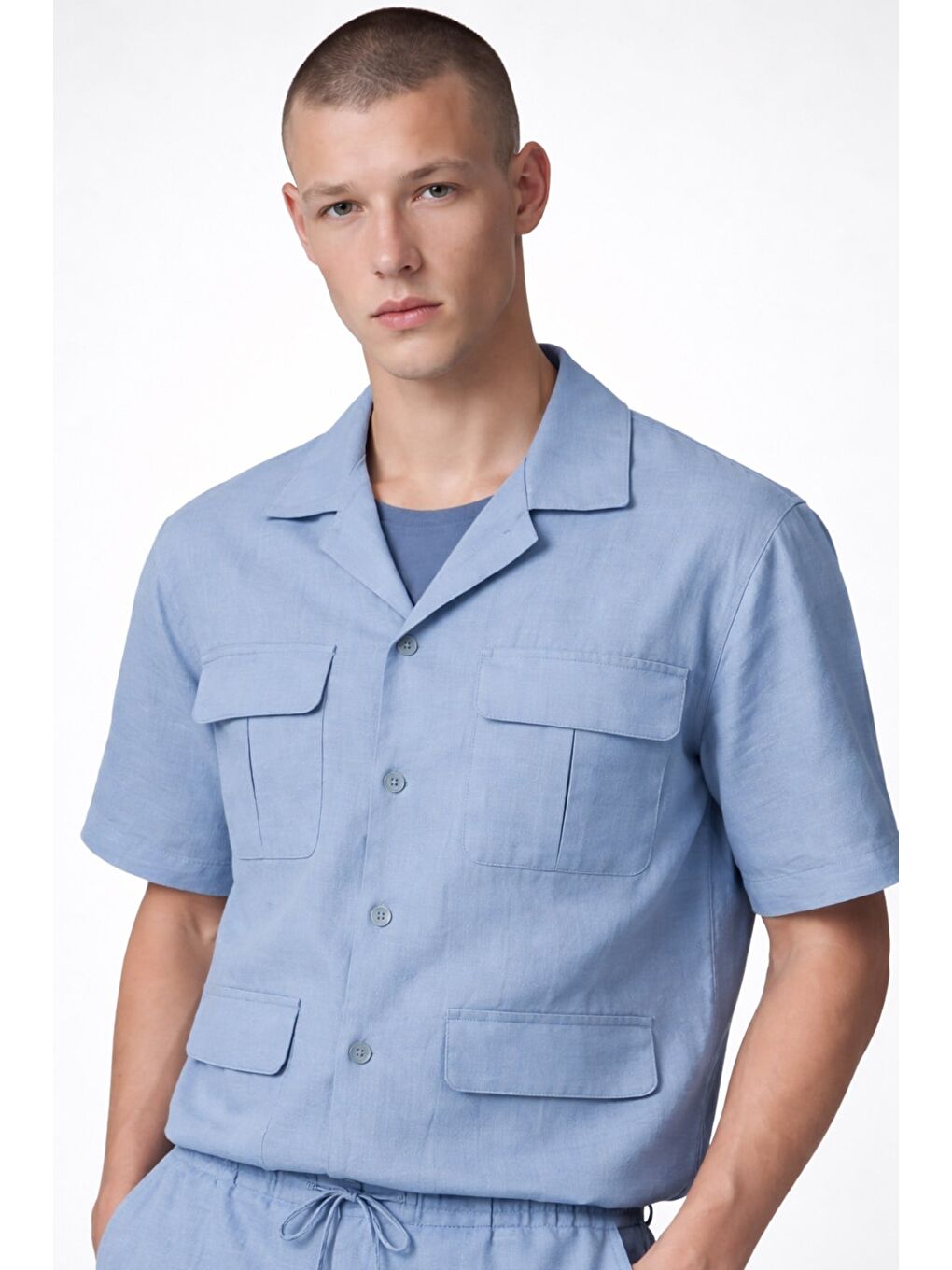 Giotelli Erkek Mavi Normal Kesim Regular Fit %100 Keten Dokuma Kapaklı Cep Lastikli Bel Takım-2