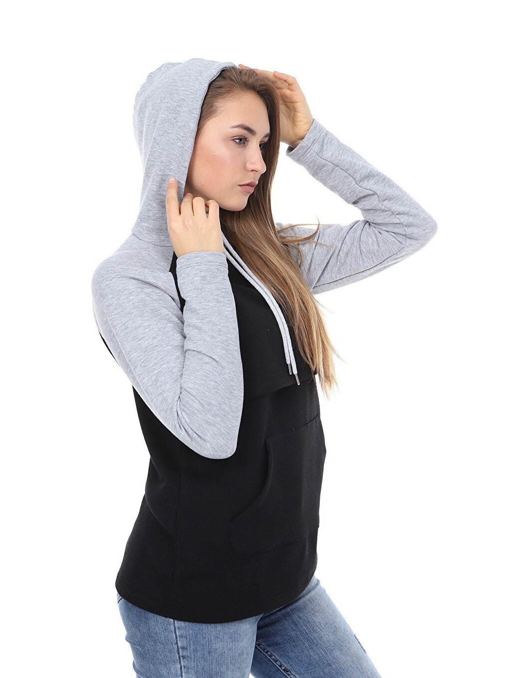 Gri Kapüşonlu Kadın Emzirme Sweatshirt-3