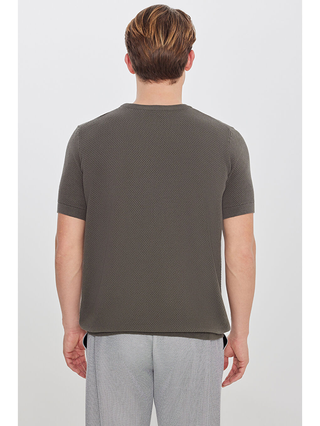 Erkek Haki %100 Pamuk Standart Fit Bisiklet Yaka Triko Tişört-4
