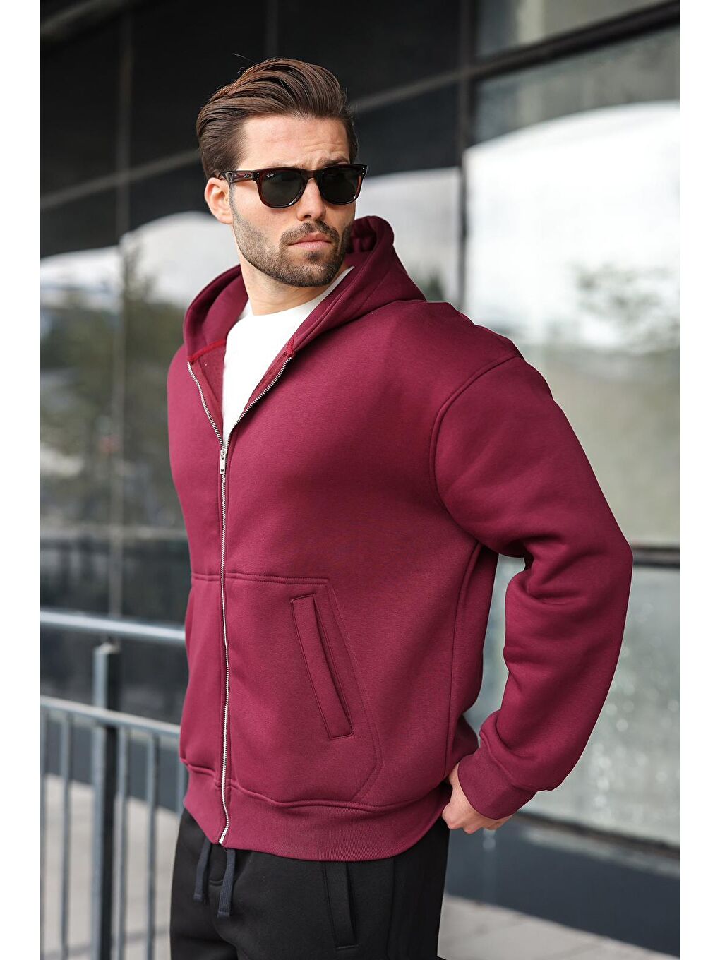 Bordo Fermuarlı Kapüşonlu Erkek Hırka E7174-1