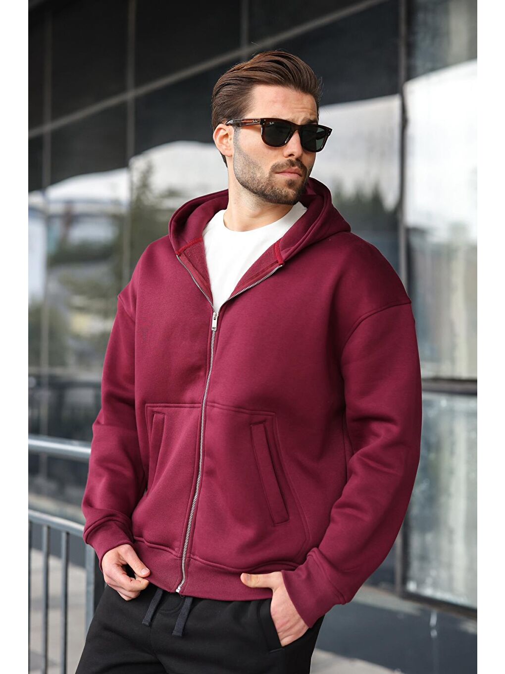 Bordo Fermuarlı Kapüşonlu Erkek Hırka E7174-3