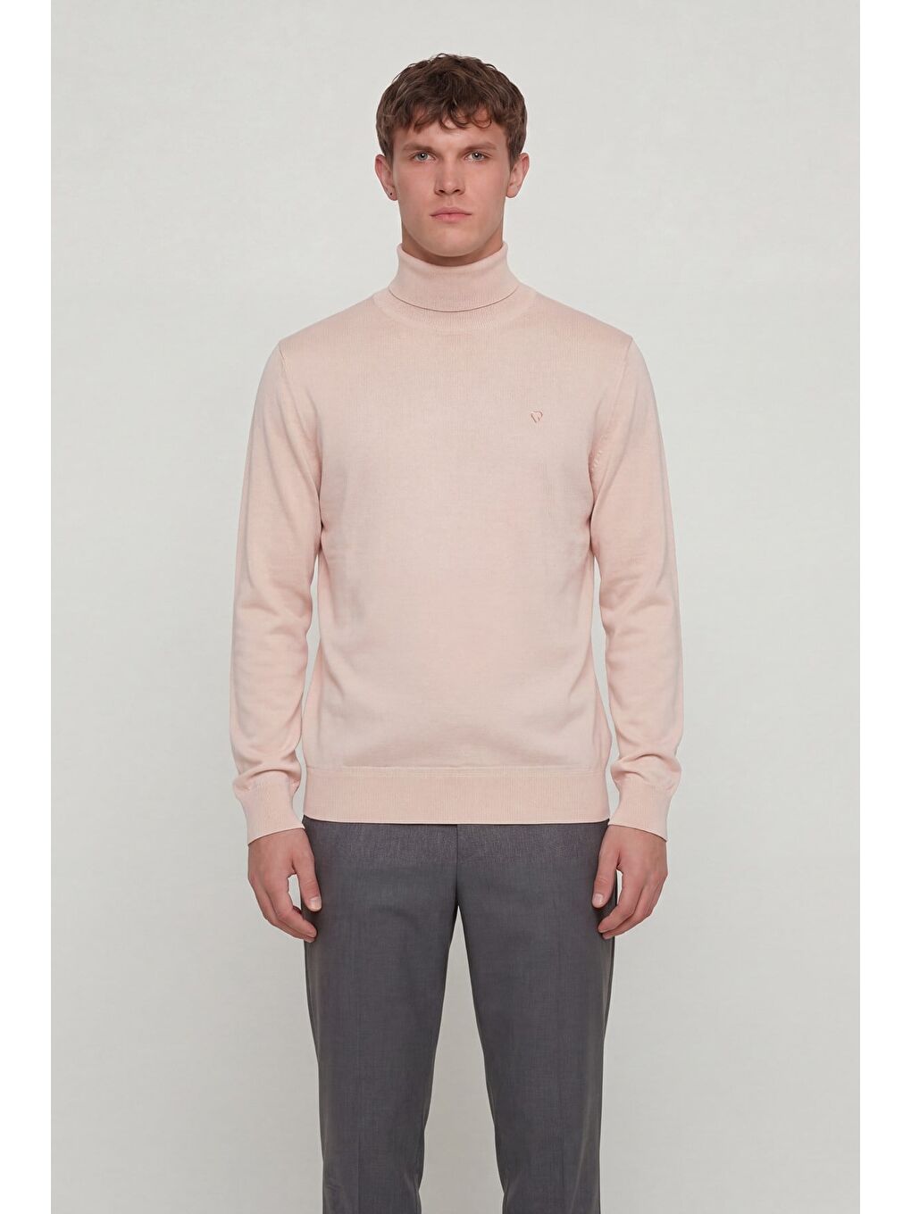 Pembe Giotelli Erkek Pudra Dar Kesim Slim Fit Yünlü Düz Balıkçı Yaka Triko Kazak