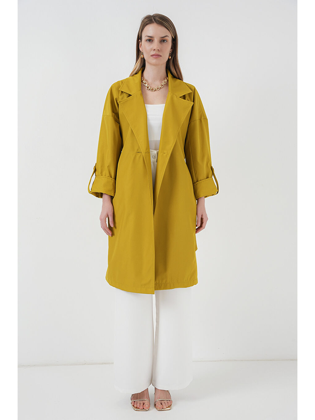 9104 Kruvaze Yaka Astarlı Trençkot - E.Yeşil-1