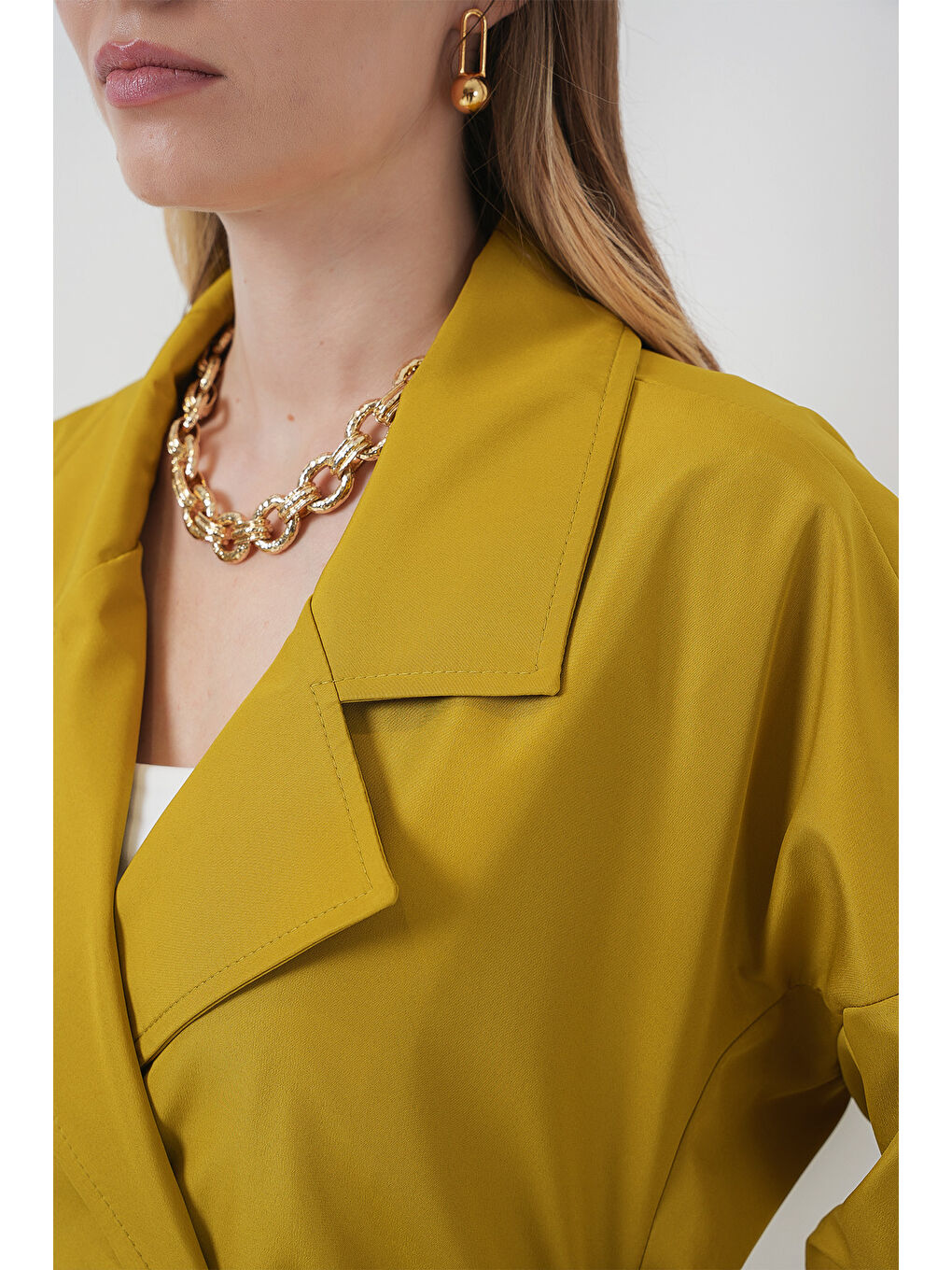 9104 Kruvaze Yaka Astarlı Trençkot - E.Yeşil-4