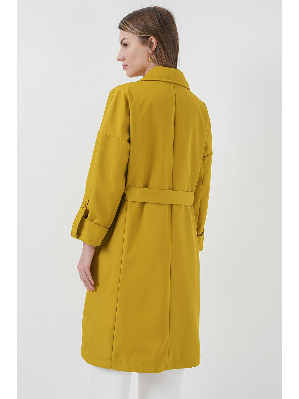 9104 Kruvaze Yaka Astarlı Trençkot - E.Yeşil-5