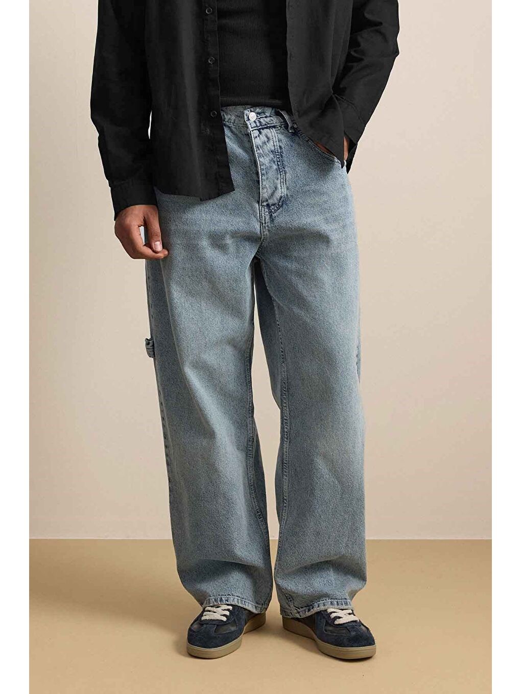 Erkek Baggy Fit Marangoz Cepli Jean Pantolon Açık Mavi-2