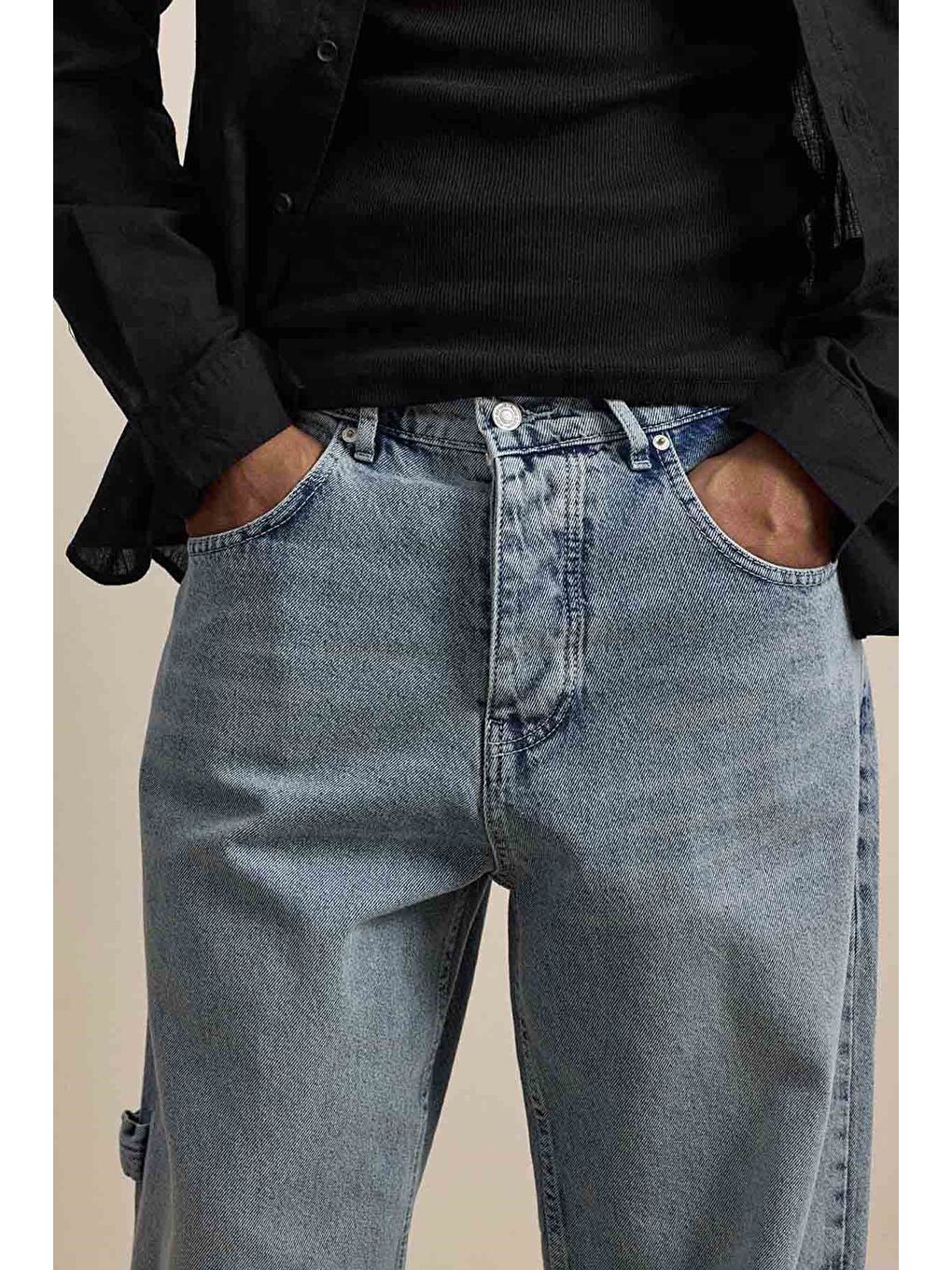 Erkek Baggy Fit Marangoz Cepli Jean Pantolon Açık Mavi-3
