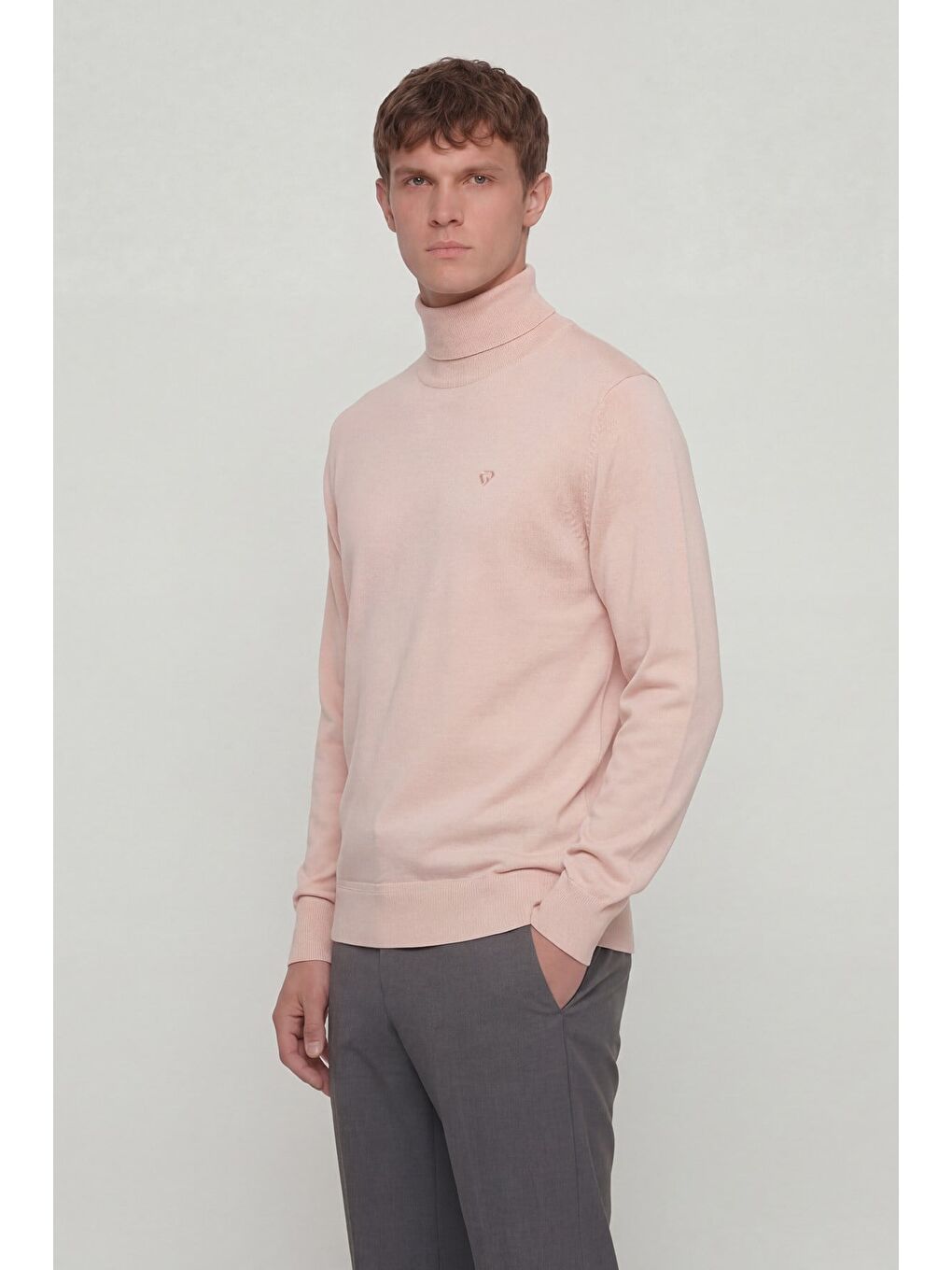 Pembe Giotelli Erkek Pudra Dar Kesim Slim Fit Yünlü Düz Balıkçı Yaka Triko Kazak-2