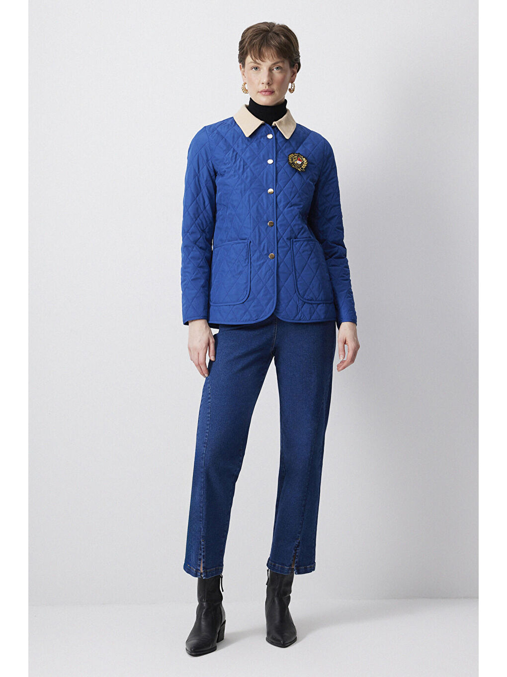 İndigo Gabardin Yaka Kapitone Ceket