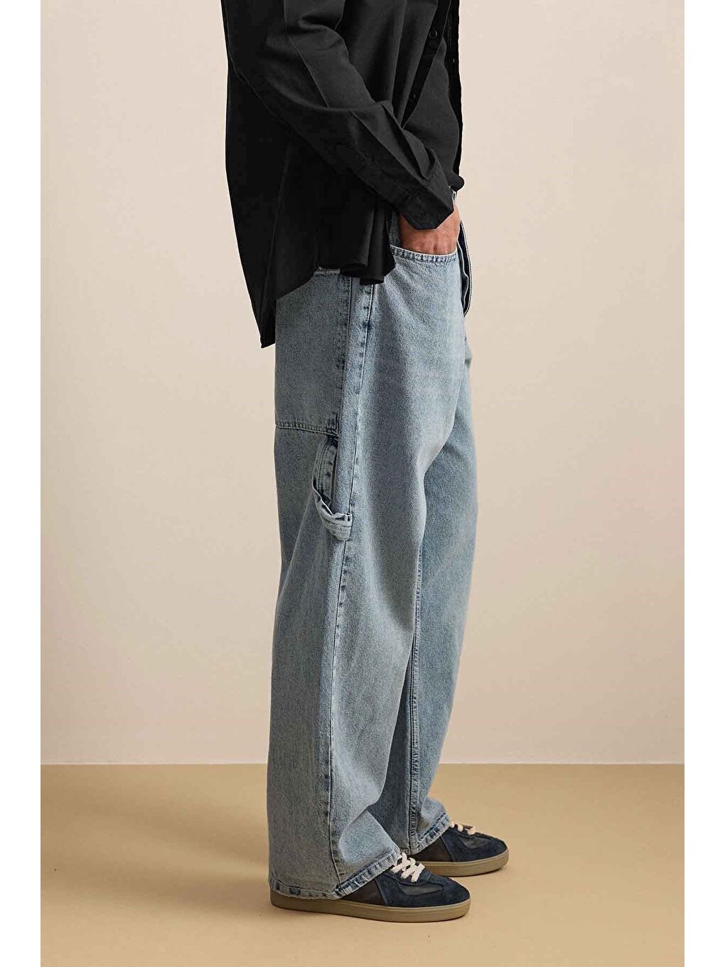Erkek Baggy Fit Marangoz Cepli Jean Pantolon Açık Mavi-4