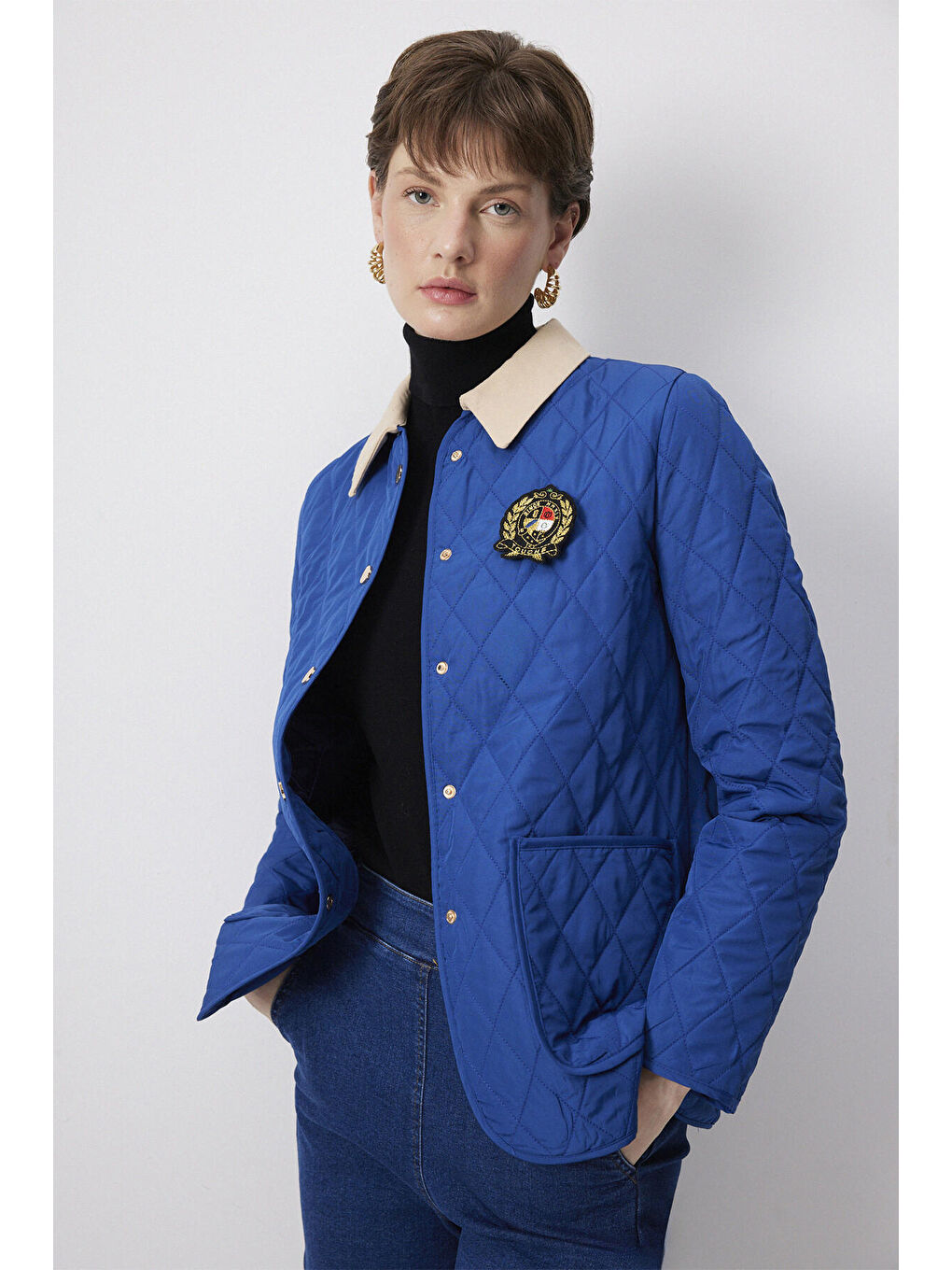 İndigo Gabardin Yaka Kapitone Ceket-2