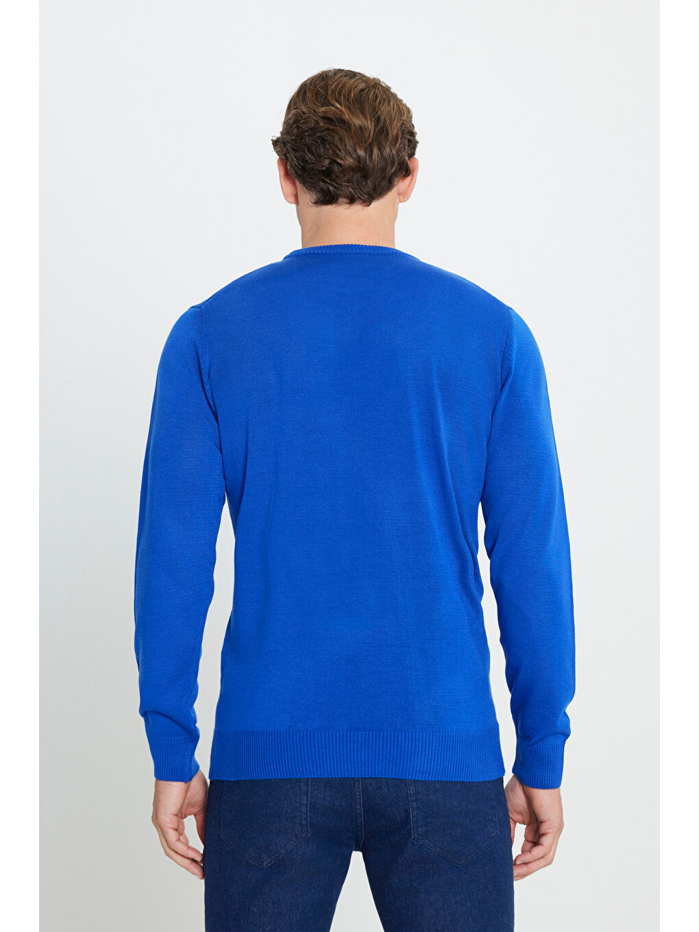 Mavi Erkek Saks Bisiklet Yaka Triko Kazak-4