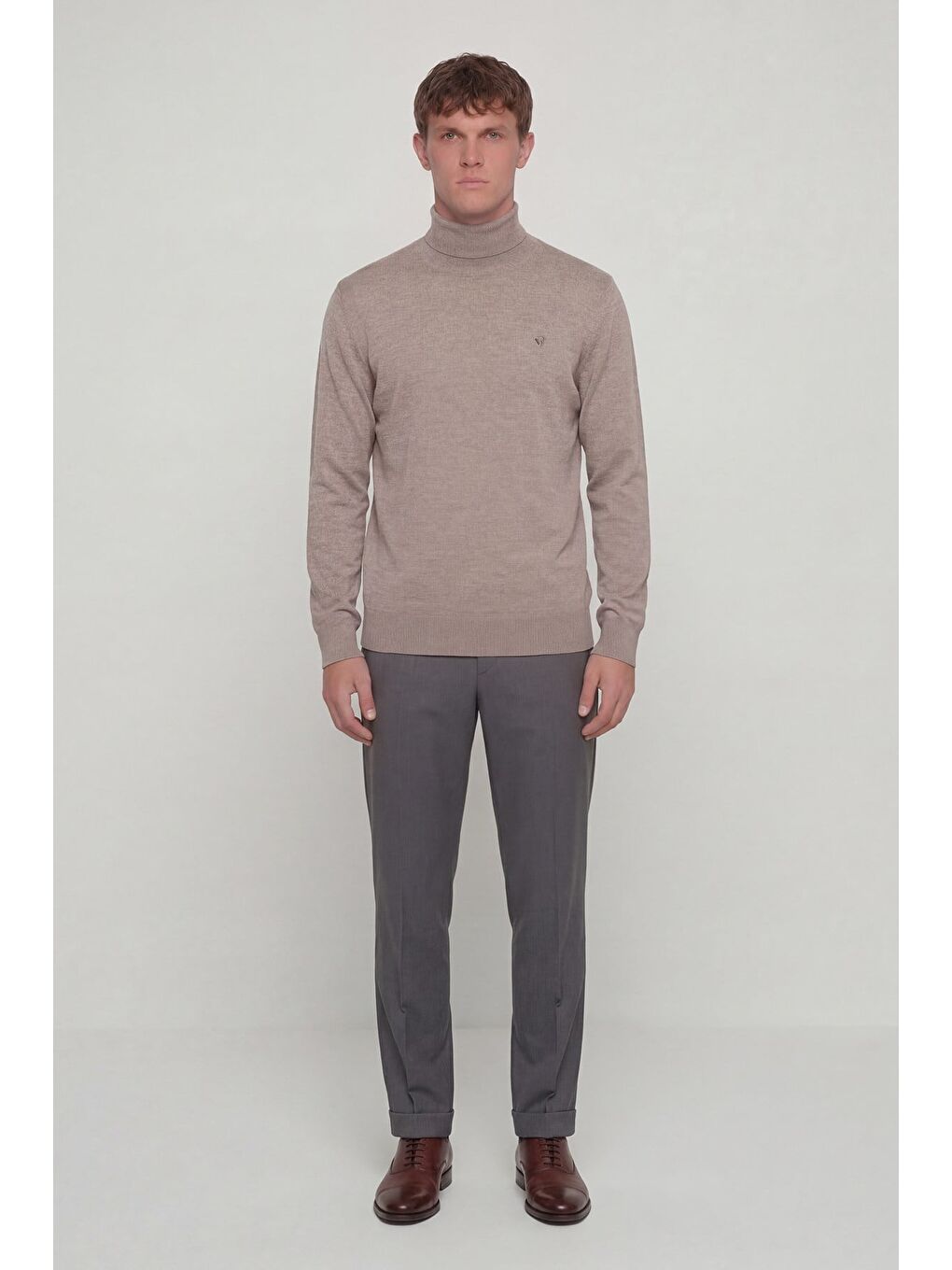 Bej Giotelli Erkek Vizon Dar Kesim Slim Fit Yünlü Düz Balıkçı Yaka Triko Kazak-1