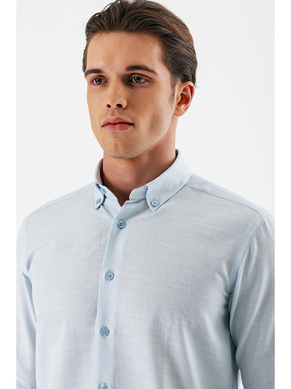 Koyu Mavi Uzun Kollu Desenli Armürlü Düğmeli Yaka Cepsiz %100 Pamuk Slim Fit Gömlek 1004240175-4